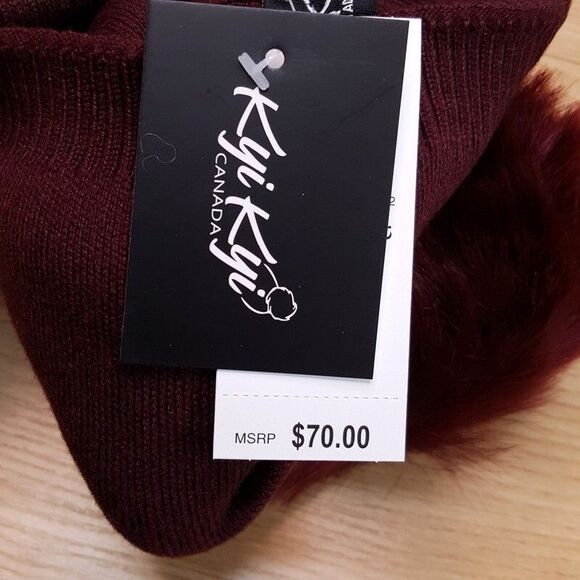 KYI KYI CANADA Womens Beanie Hat Burgundy Wool Cashmere Faux Fur Pom Pom $70 - Picture 2 of 4
